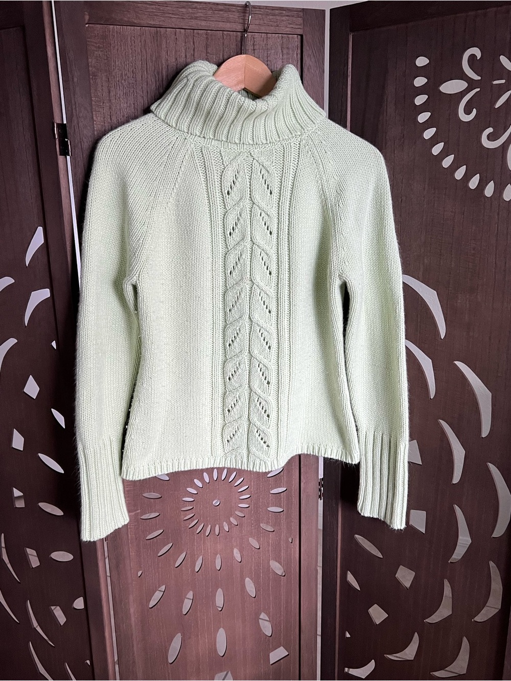 LOFT Mint Green Cable-Front Turtleneck Sweater
